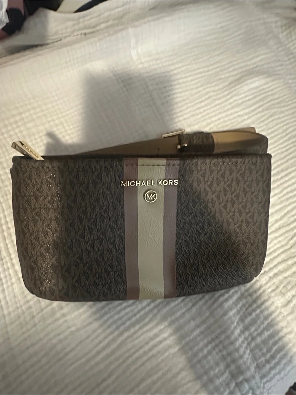 Michael Kors Brown Logo belt bag with Cream and Tan Stripe